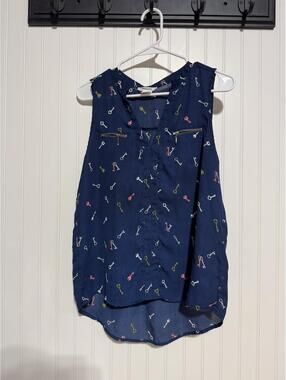 Persaya Navy Blue Skeleton Key Blouse Zip Pockets Medium